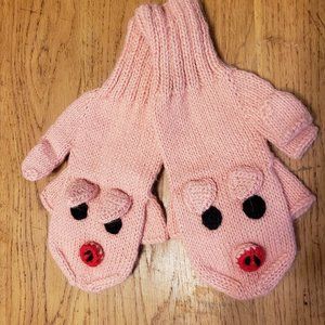 Mittens that turn into a glove  pink pig.  hand made soft alpaca yarn. NEW NEW